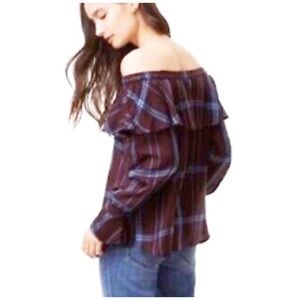 Loft Purple & Blue Plaid Off-The-Shoulder Blouse